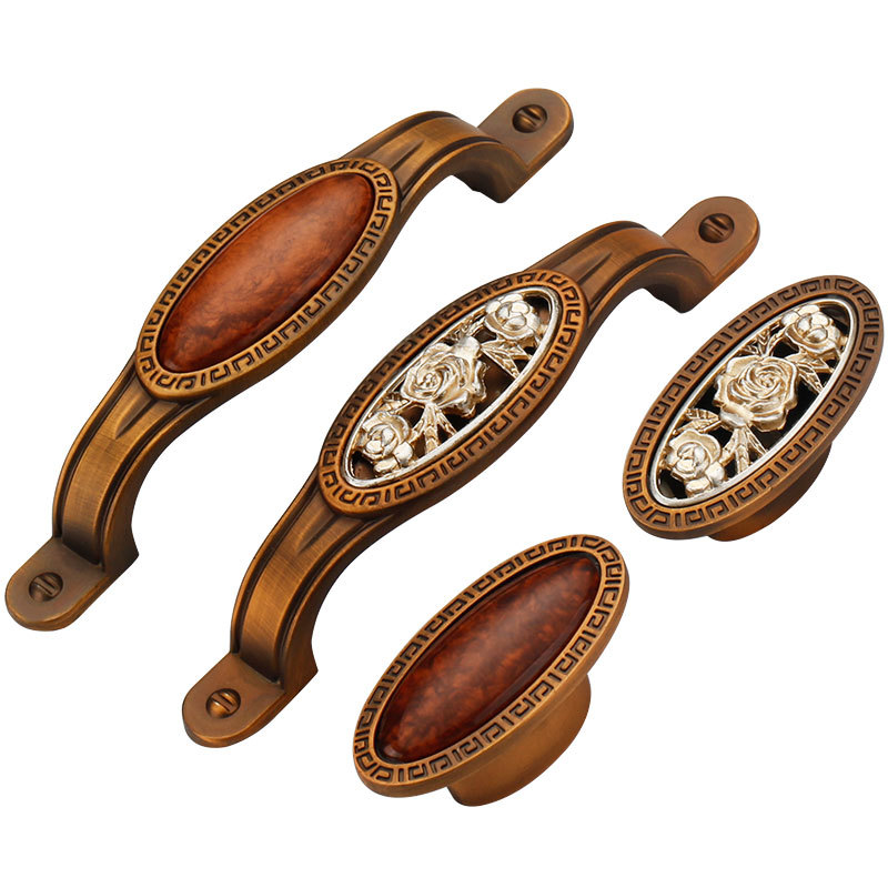 Paidu Manufacturer Chinese-style Ceramic Coffee Antique Bronze Handles With Jade Inlay Drawer Wardrobe Door Handles Floral Design