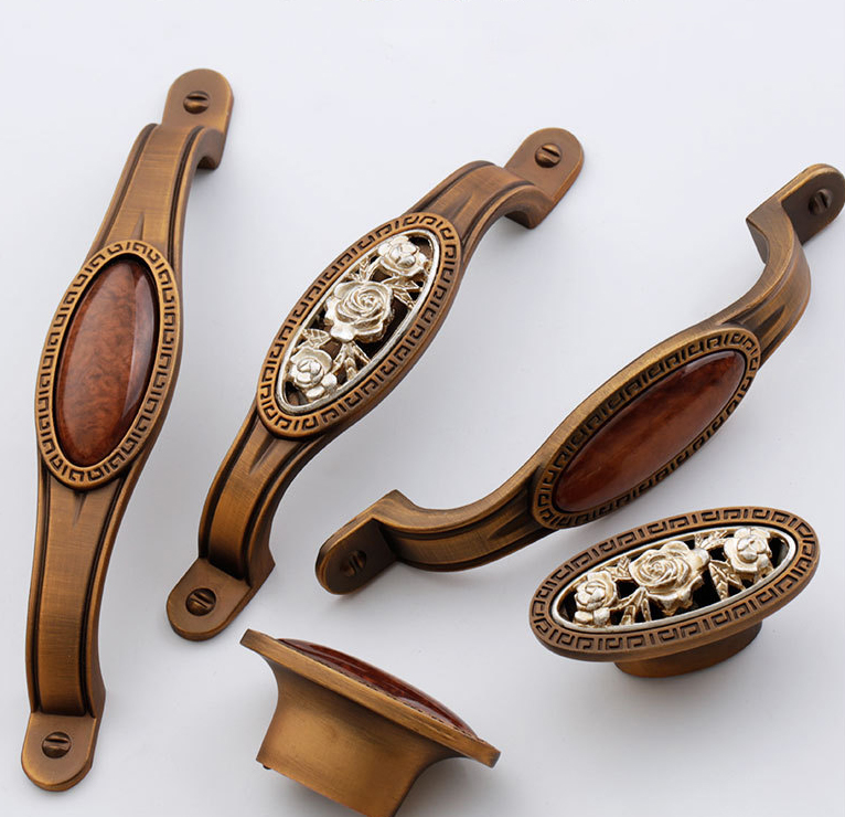 Paidu Manufacturer Chinese-style Ceramic Coffee Antique Bronze Handles With Jade Inlay Drawer Wardrobe Door Handles Floral Design